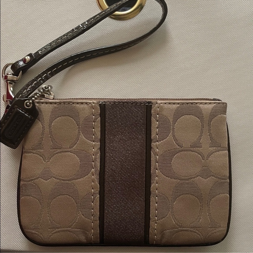 Coach Signature Tan and Brown Wristlet